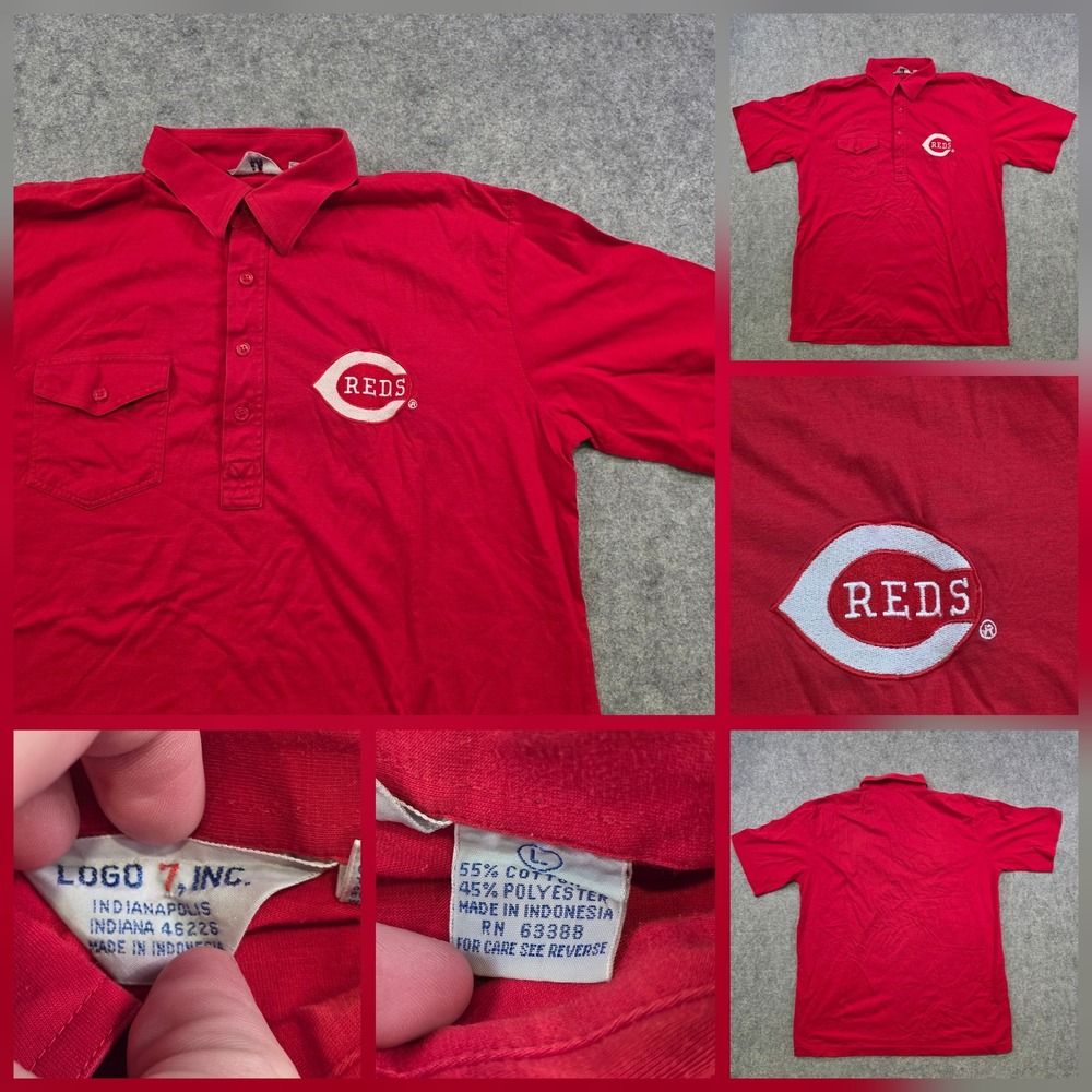 Vintage Cincinnati Reds Shirt Mens L Red MLB Baseball Logo 7 Pocket Polo 90s